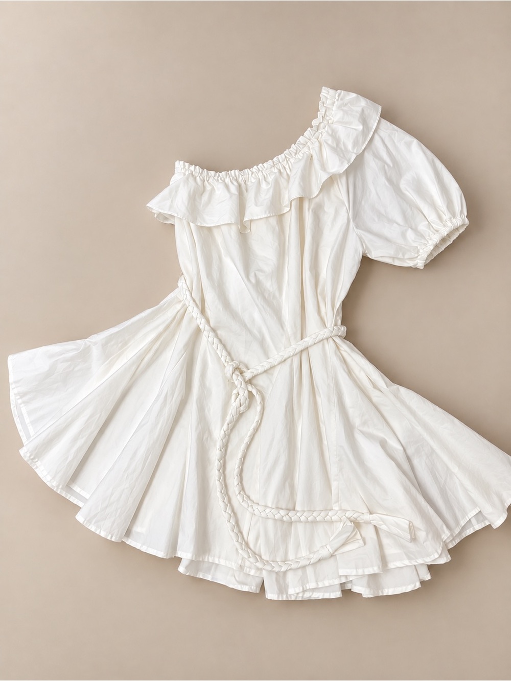 RHODE Cream One-Shoulder Ruffle Dress with Braided Waist